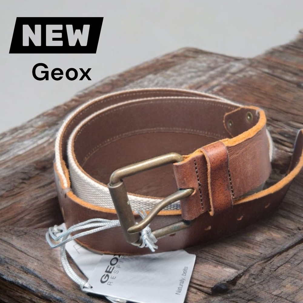 NWT Geox Men's Brown Leather With Light Beige Canvas Belt